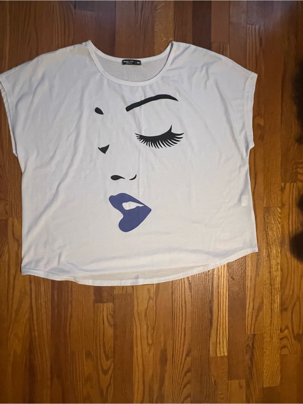 SHEIN White Short Sleeve Tee with Black Face Graphic and Purple Lips